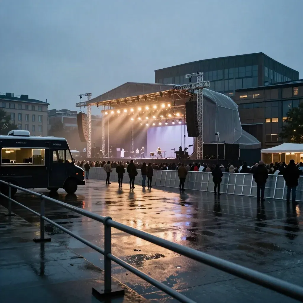 Blött eventområde utanför Borås konserthus med scenrigg, ljus och foodtruck i skymningen