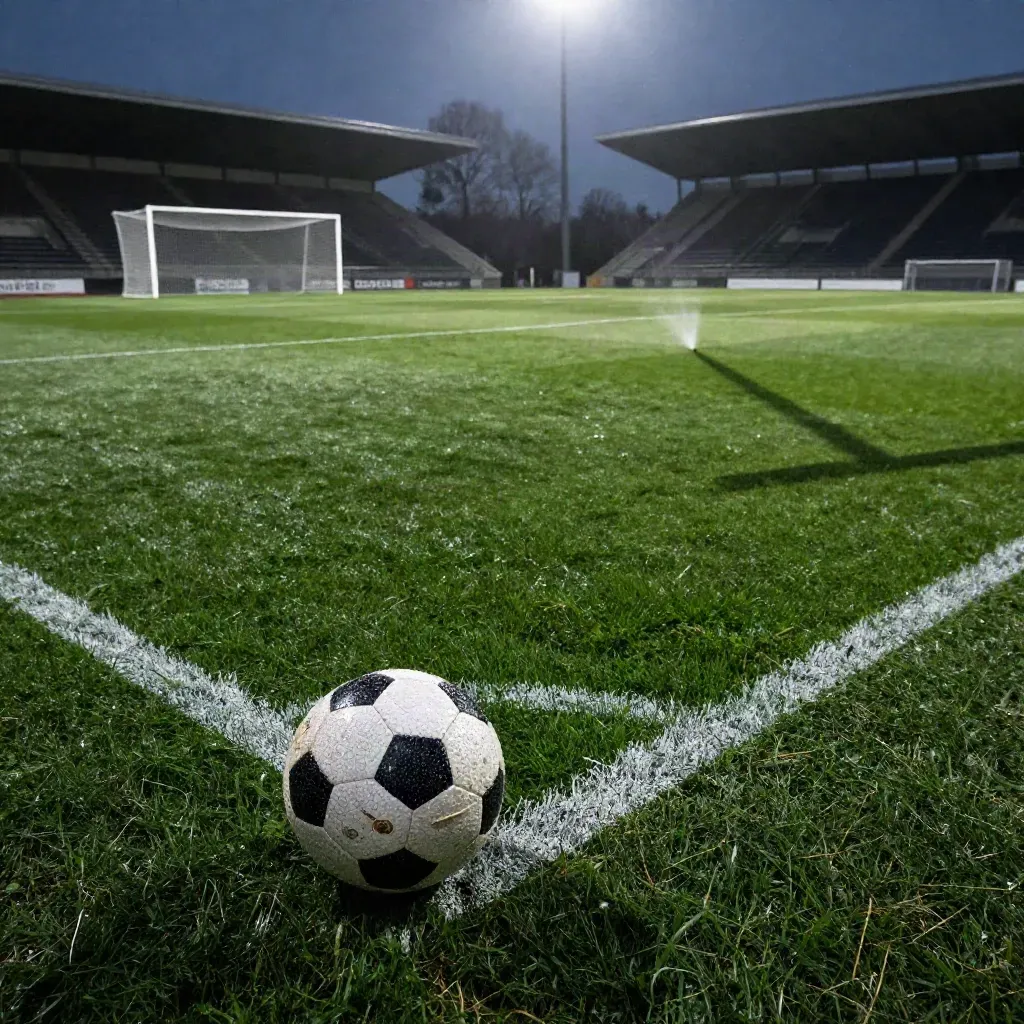 Tom fotbollsplan i Borås med upplyst mål, våt gräsmatta, boll och dimma efter sprinklers.