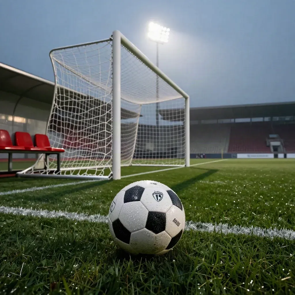 Matchboll vid målområdet på Borås IF:s blöta plan i kvällsdimma.