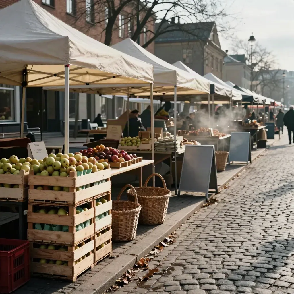 Marknadstält, äppelkassar och skyltar vid en tom Boråsgata en kall morgon.
