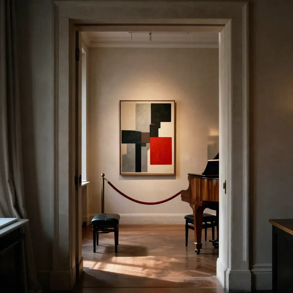 Galleri-korridor med upplyst abstrakt verk, sammetsrep och pianobänk i varmt kvällsljus.